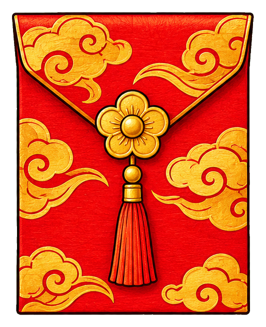 Red Lunar New Year envelope with floral knot, tassel, and cloud patterns