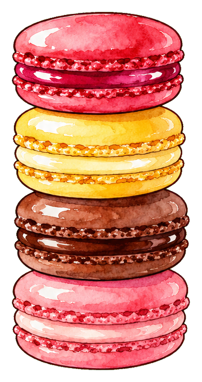 Stack of four colorful macarons in pink, yellow, brown, and pink.