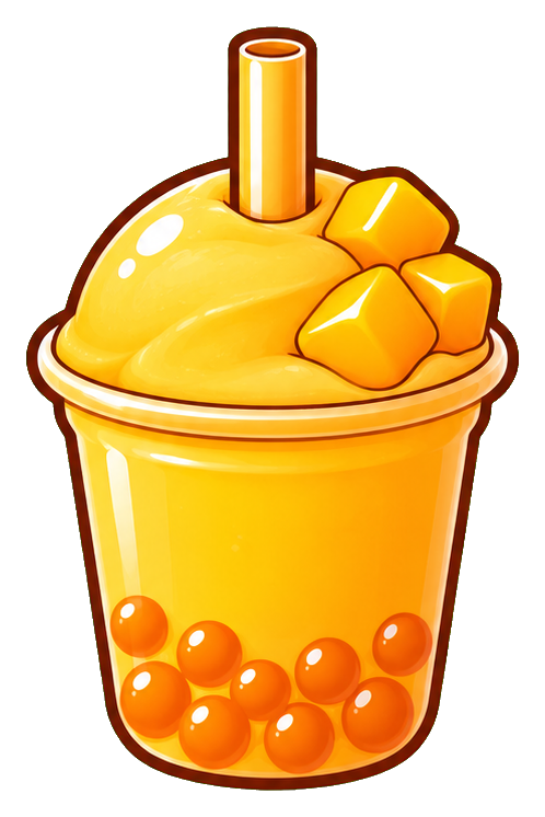 Cute mango boba tea cup with orange pearls and a straw