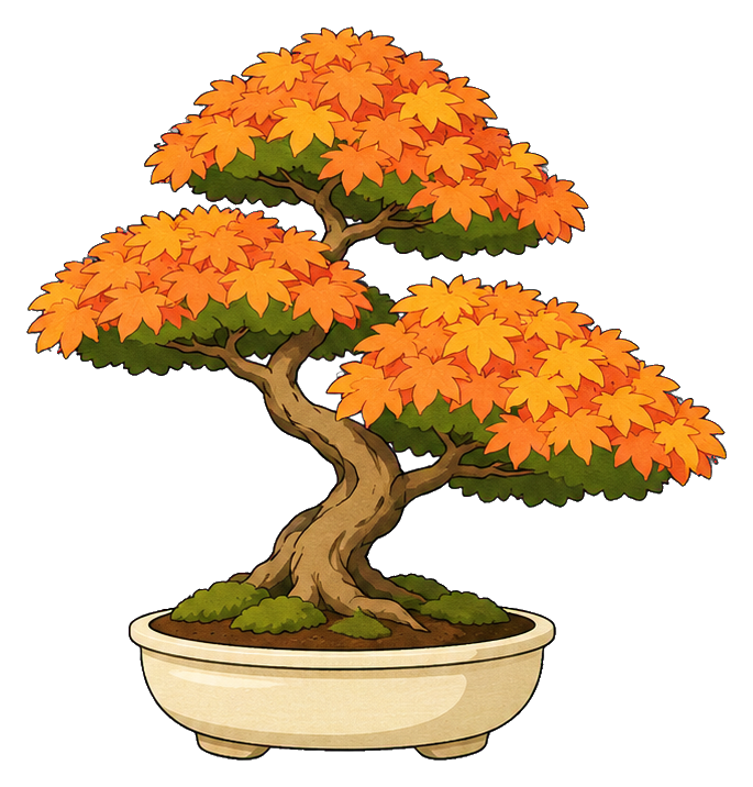 Illustrated maple bonsai tree with orange leaves in a shallow pot