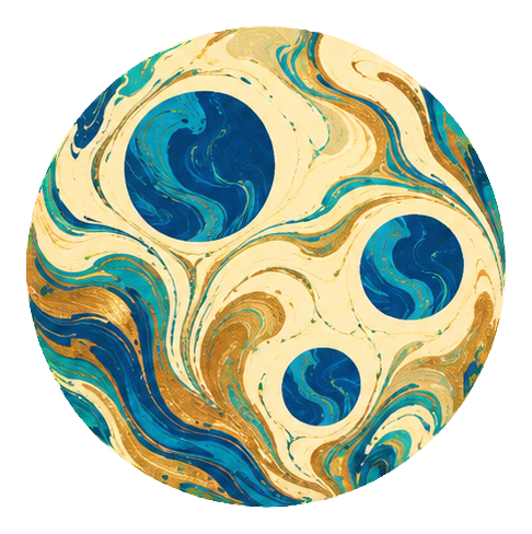 Circular marbled planet with blue crater-like circles on a cream background
