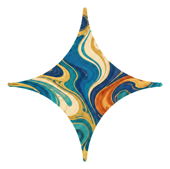 Marbled four point sparkle with flowing blue, teal, cream, and orange paper-like swirls