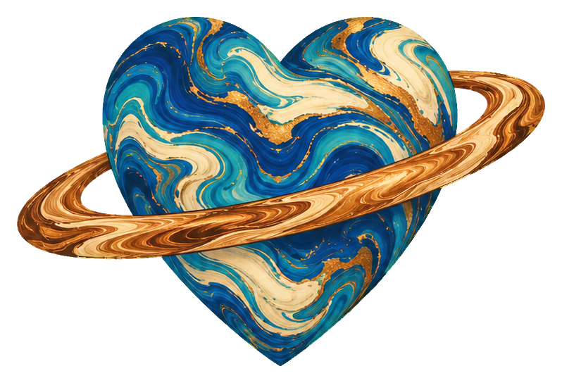 Blue and gold marbled heart shaped like a ringed planet with celestial styling