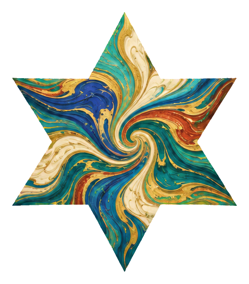 Marbled six point star with blue, cream, gold, and orange swirling pattern