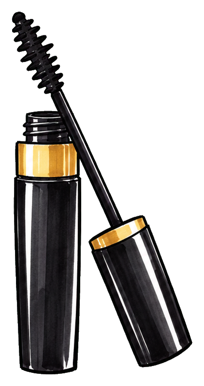 Black mascara wand beside an open mascara tube with gold bands.