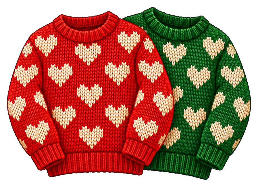 Red and green matching ugly sweaters with heart patterns