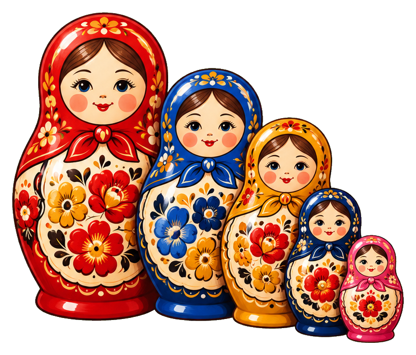 Five colorful matryoshka dolls arranged from largest to smallest in a row.