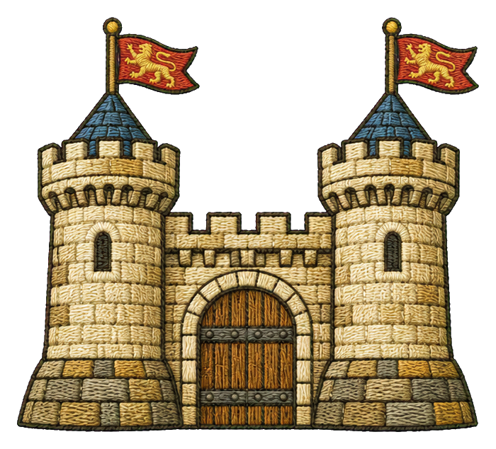 Stone medieval castle with two towers and flags above the gates