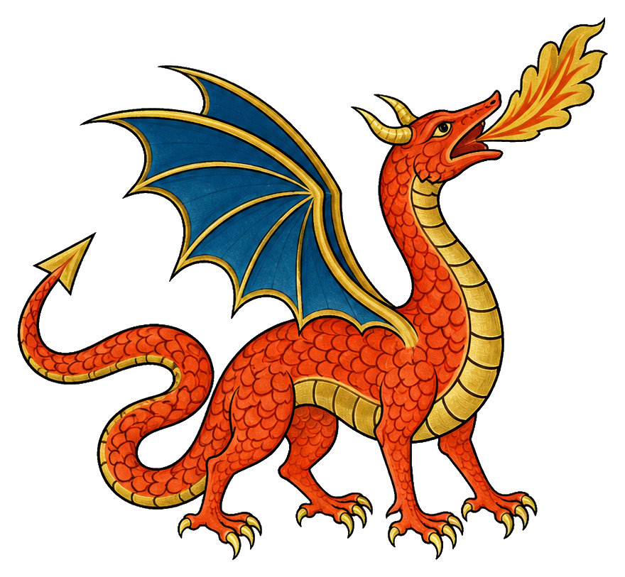 Gold medieval dragon with blue wings breathing fire