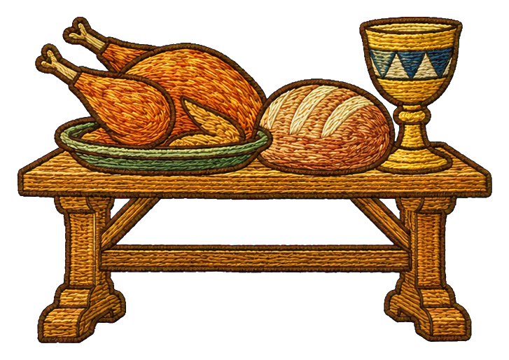 A medieval table with roast meat, bread, and a goblet.