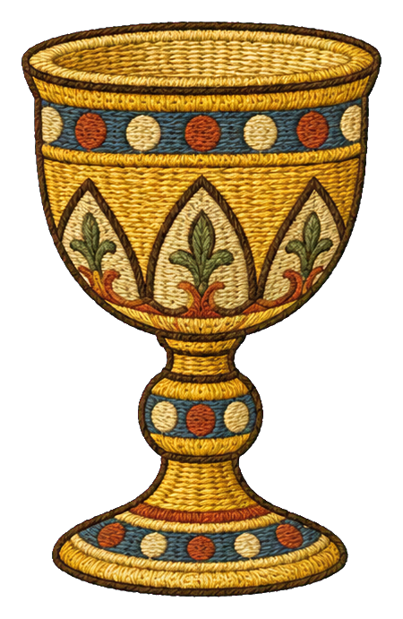 Decorative medieval goblet with patterned gold and colored band details