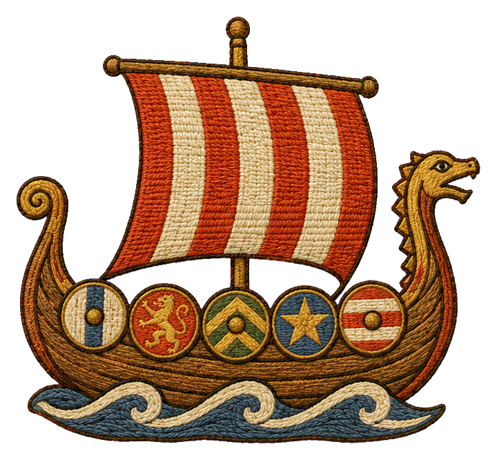 Medieval longship with striped sail, shield row, and dragon-head prow