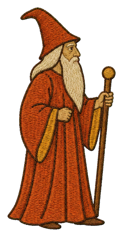Bearded wizard in an orange robe and tall pointed hat holding a staff