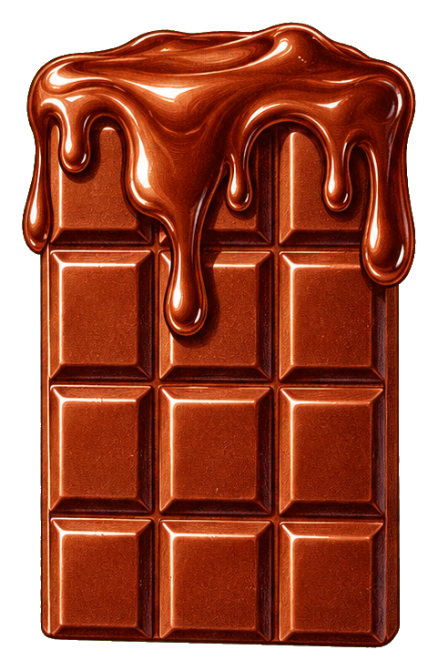 A glossy chocolate bar with melted chocolate dripping down the front