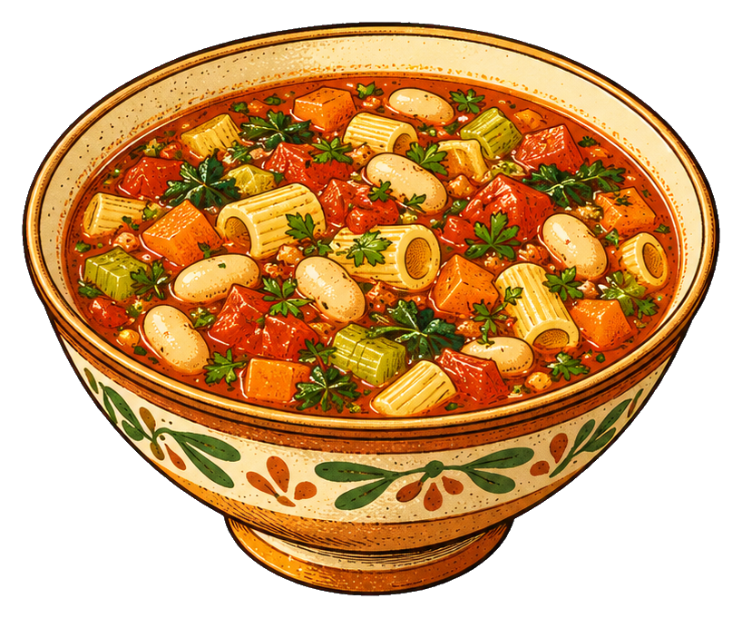Illustrated bowl of minestrone soup with vegetables and pasta in a patterned bowl