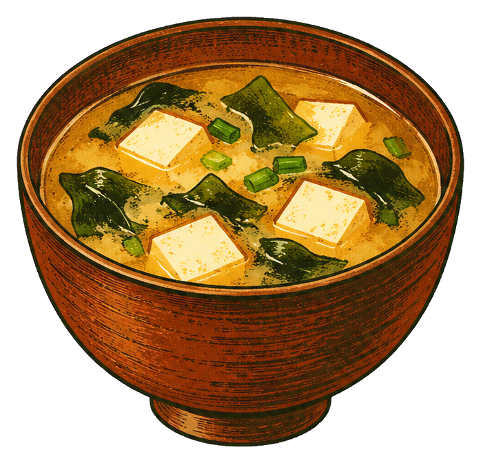 Illustrated bowl of miso soup with tofu cubes and green vegetables.