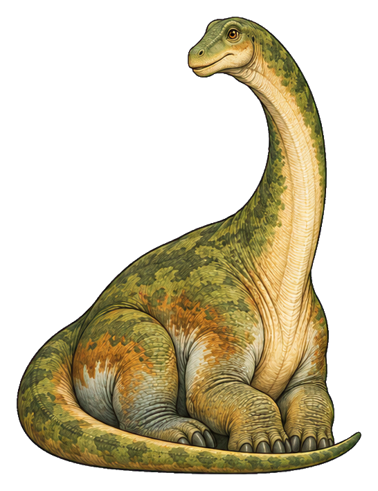 Illustrated long-neck dinosaur-like cryptid sitting in profile with patterned skin and a curved neck.