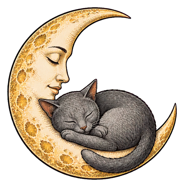 Sleeping gray cat curled on a crescent moon with a starry vintage look.