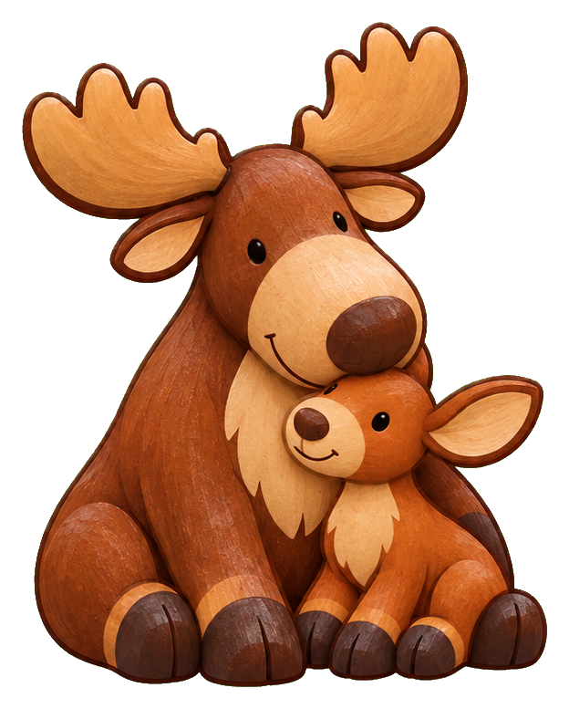 Cute moose parent sitting with a small moose calf, illustrated as a sticker graphic.