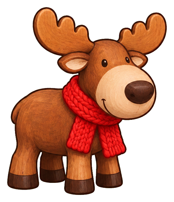 Cute moose wearing a red scarf and standing in a woodland style pose.