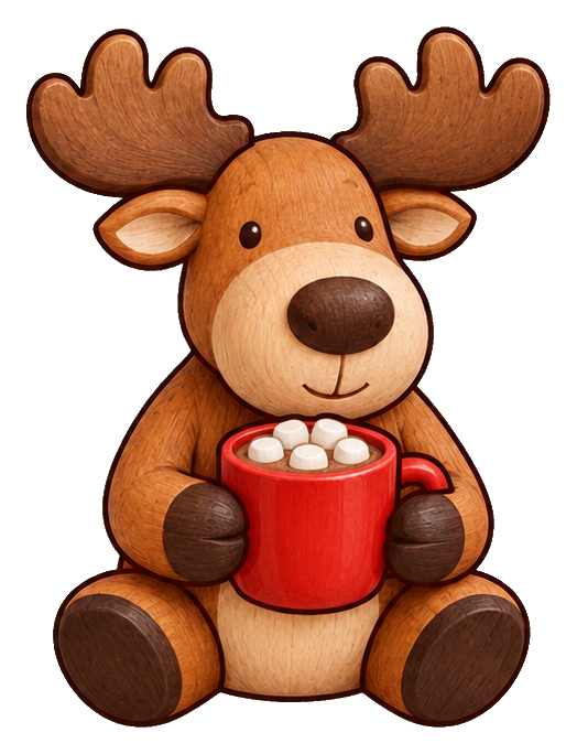 Cute moose holding a red mug and sitting with a friendly smile.