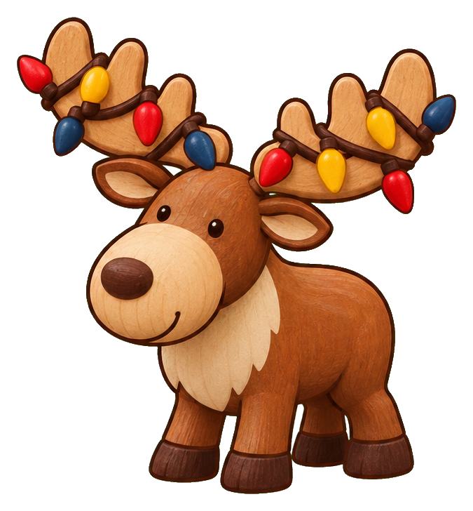 Cute moose wearing Christmas lights on its antlers with a transparent background.