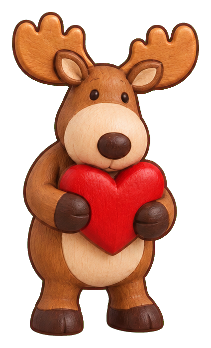 Cute moose holding a red heart with wooden-style antlers and paws.