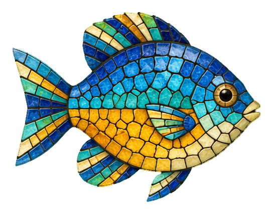 Colorful mosaic-style tropical fish with blue, yellow, and orange tiles