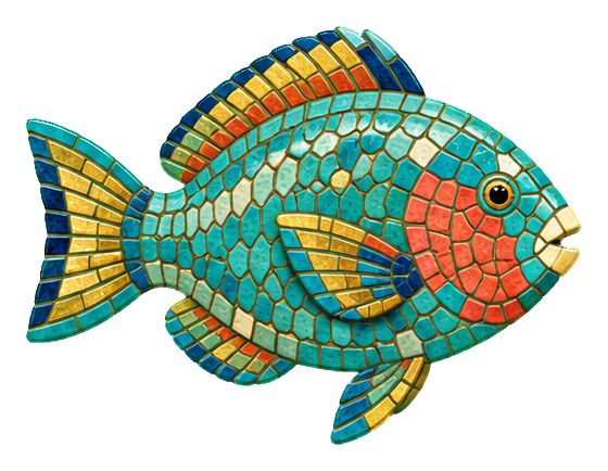 Colorful mosaic-style parrotfish sticker with orange, turquoise, and yellow tiles