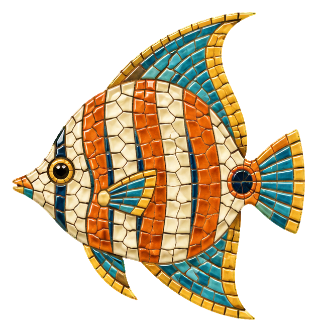 Mosaic-style tropical fish with orange stripes and blue outlined fins.