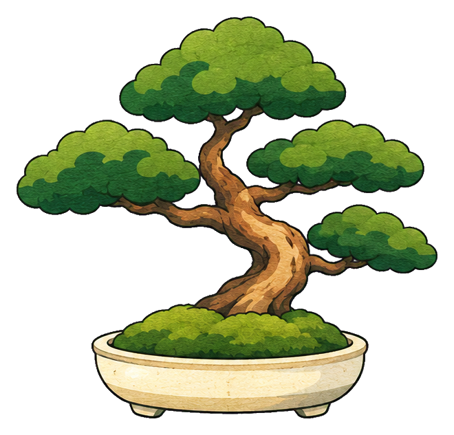 A small bonsai tree with green moss growing in a shallow round pot