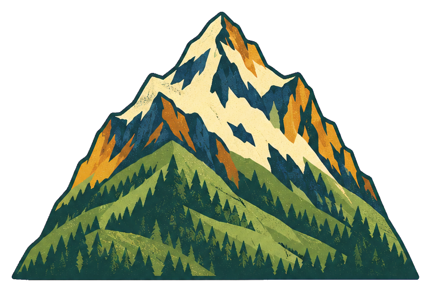 Illustrated mountain peak with pine trees on a dark green base