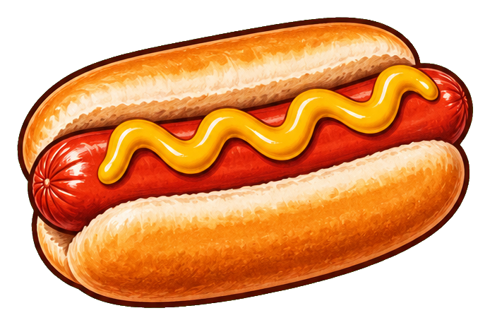 Illustrated hot dog with mustard in a bun as a sticker graphic.