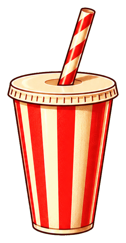 Retro striped movie soda cup with a striped straw and transparent background.