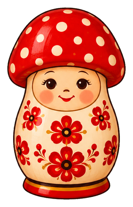 Red mushroom-shaped matryoshka doll with white spots and floral decorations