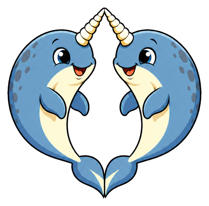 Two blue narwhals facing each other with curved tusks and tails forming a heart shape.