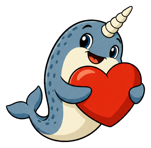 Cute cartoon narwhal hugging a red heart with a smiling face