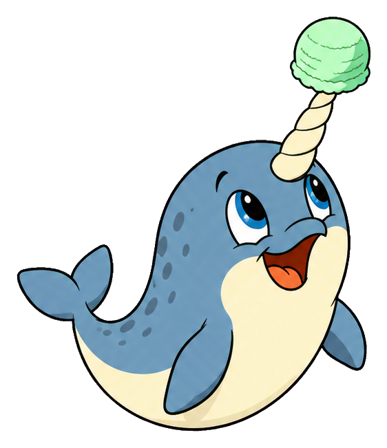 Cute cartoon narwhal with an ice cream cone horn and open mouth
