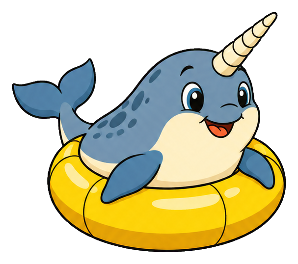 Cute cartoon narwhal floating in a yellow swim ring