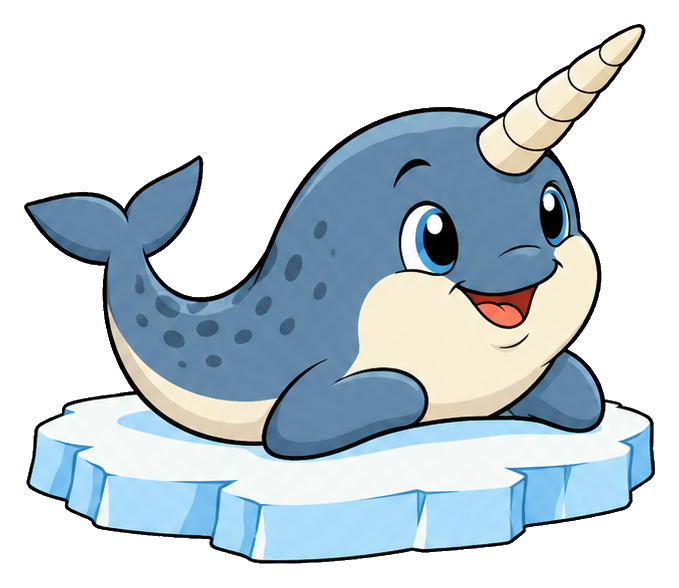Cute cartoon narwhal resting on a small ice floe.
