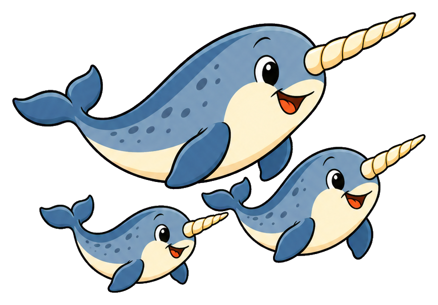 Three cute cartoon narwhals swimming together in a playful pod