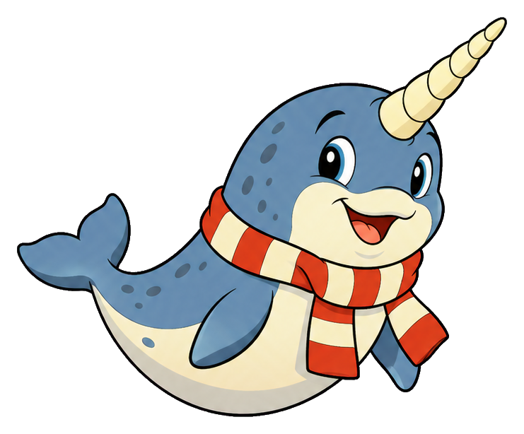 Cute cartoon narwhal wearing a red-and-white winter scarf and smiling