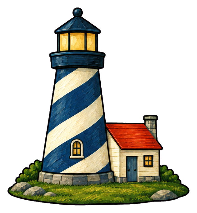 Illustrated lighthouse with navy stripes beside a small seaside cottage and rocks.