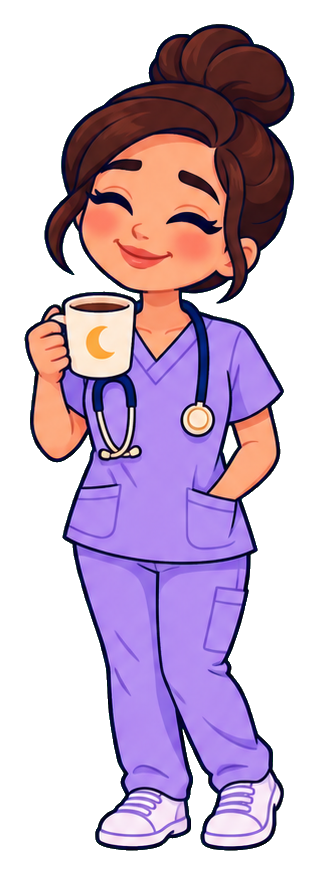 Cute nurse in purple scrubs holding a mug with a crescent moon.