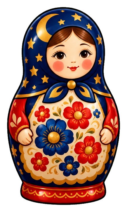 Colorful matryoshka doll with moon and stars on a blue hood and floral dress
