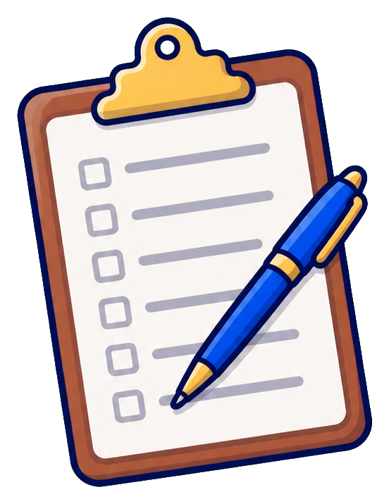 Clipboard checklist with a blue pen on a brown board