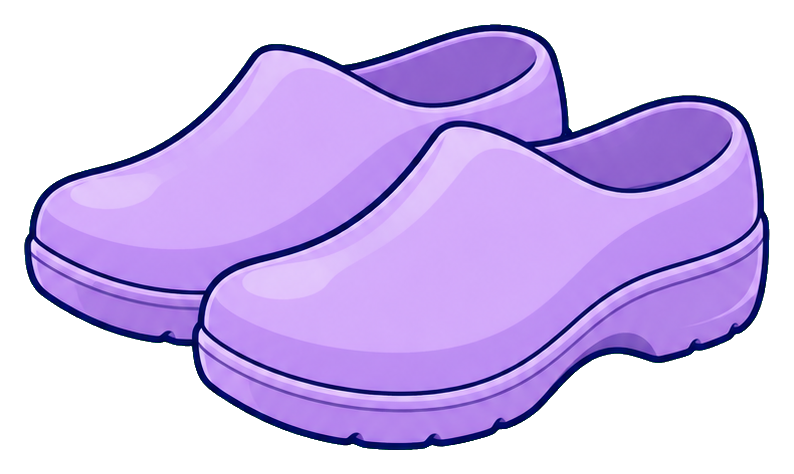 Purple clog shoes sticker with a simple cartoon style and outlined soles.
