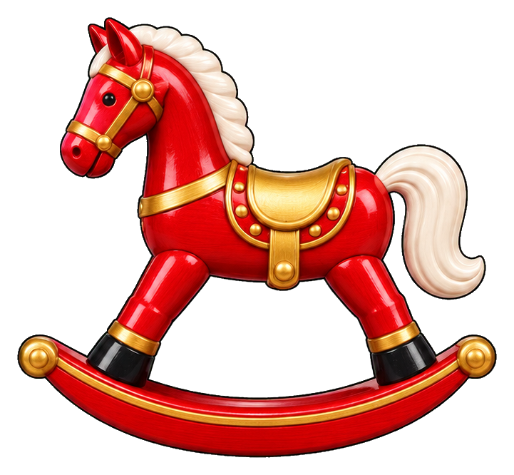 Red nutcracker-style rocking horse with gold accents and curved rockers