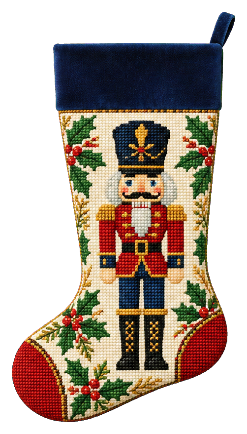 Needlepoint-style Christmas stocking with a nutcracker soldier and holly border