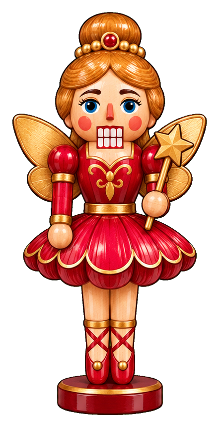 A red and gold nutcracker fairy figure holding a star wand.